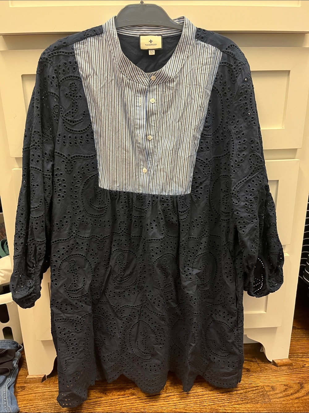Anthropologie Navy Eyelet Dress with Striped Bib Front